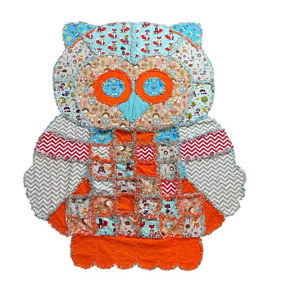 Handcrafted Quilted Owl Blanket Multicolor Woodland Patchwork Print 47in X 58 in - Picture 1 of 13